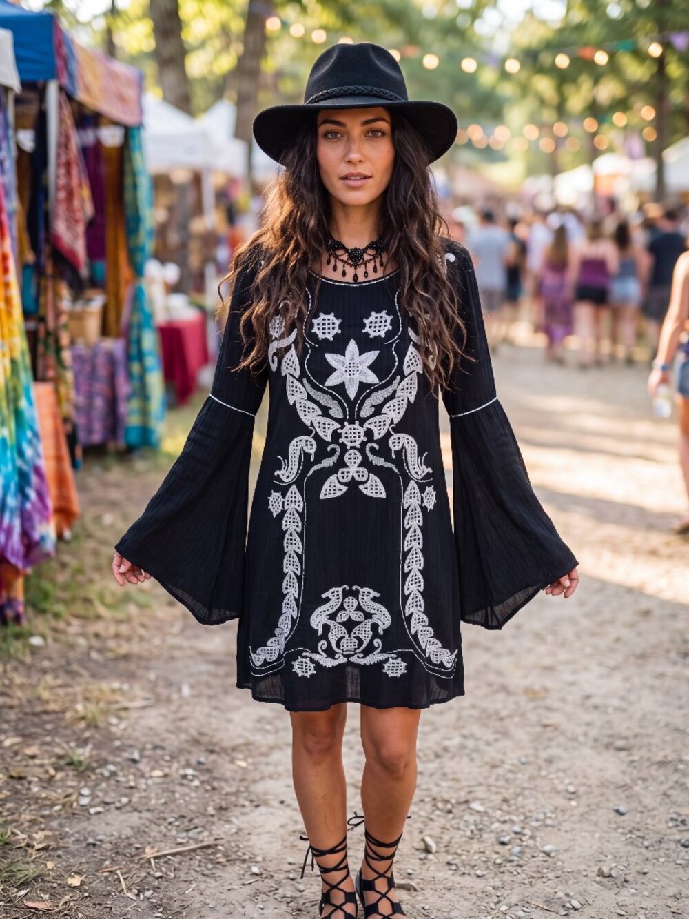Boho Style Black and White Embroidery Bell Sleeve Dress M
